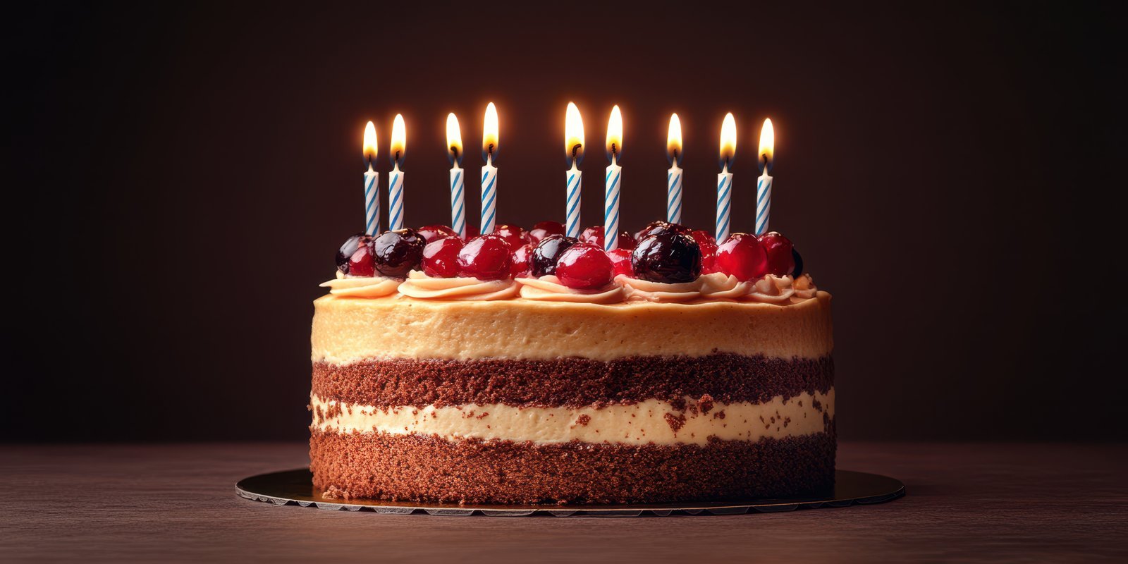 Chocolate cake with candles and cherries for a birthday celebration at night